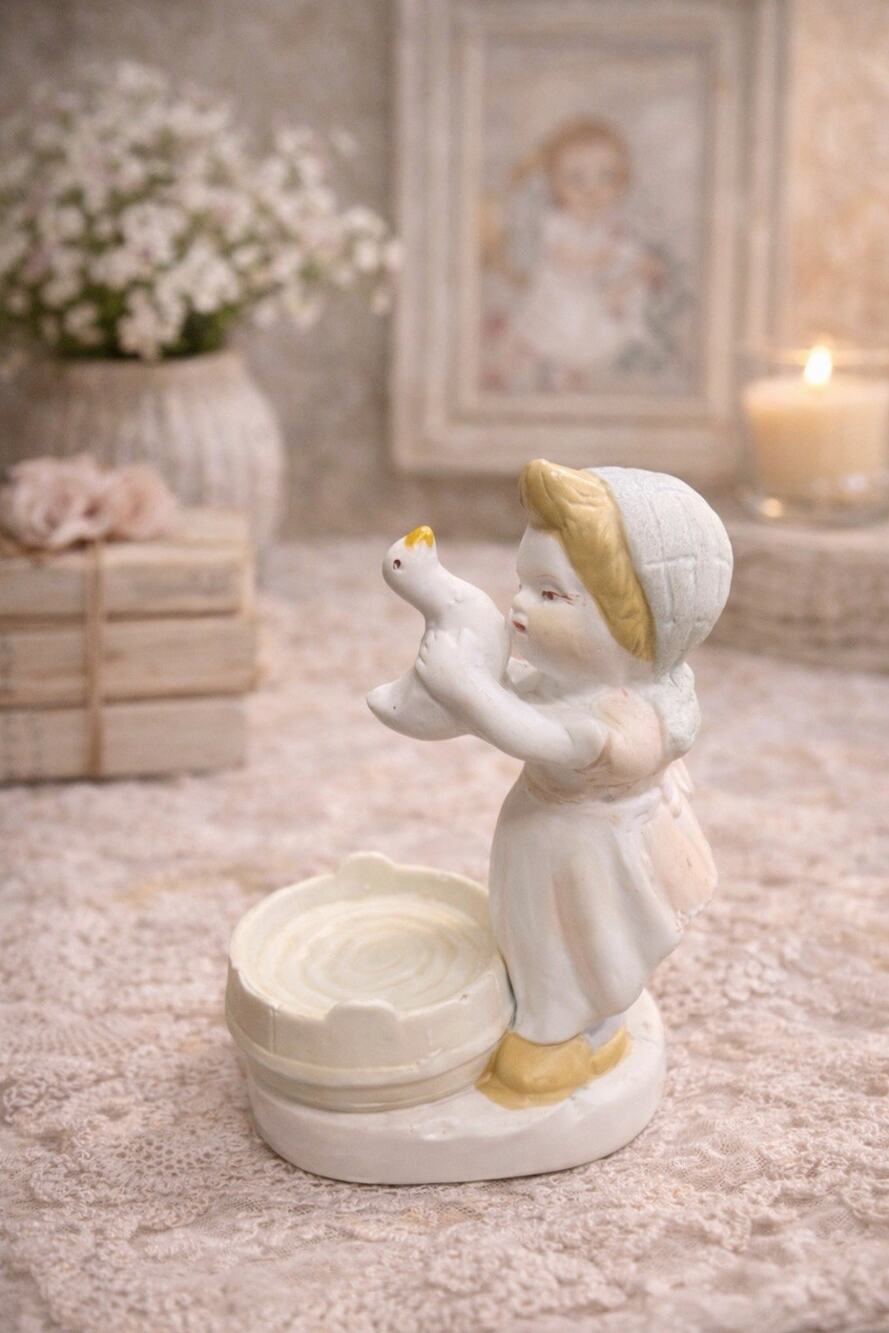 Vintage Bisque Girl with Bird Figurine Planter Japan Cottage Nursery Decor